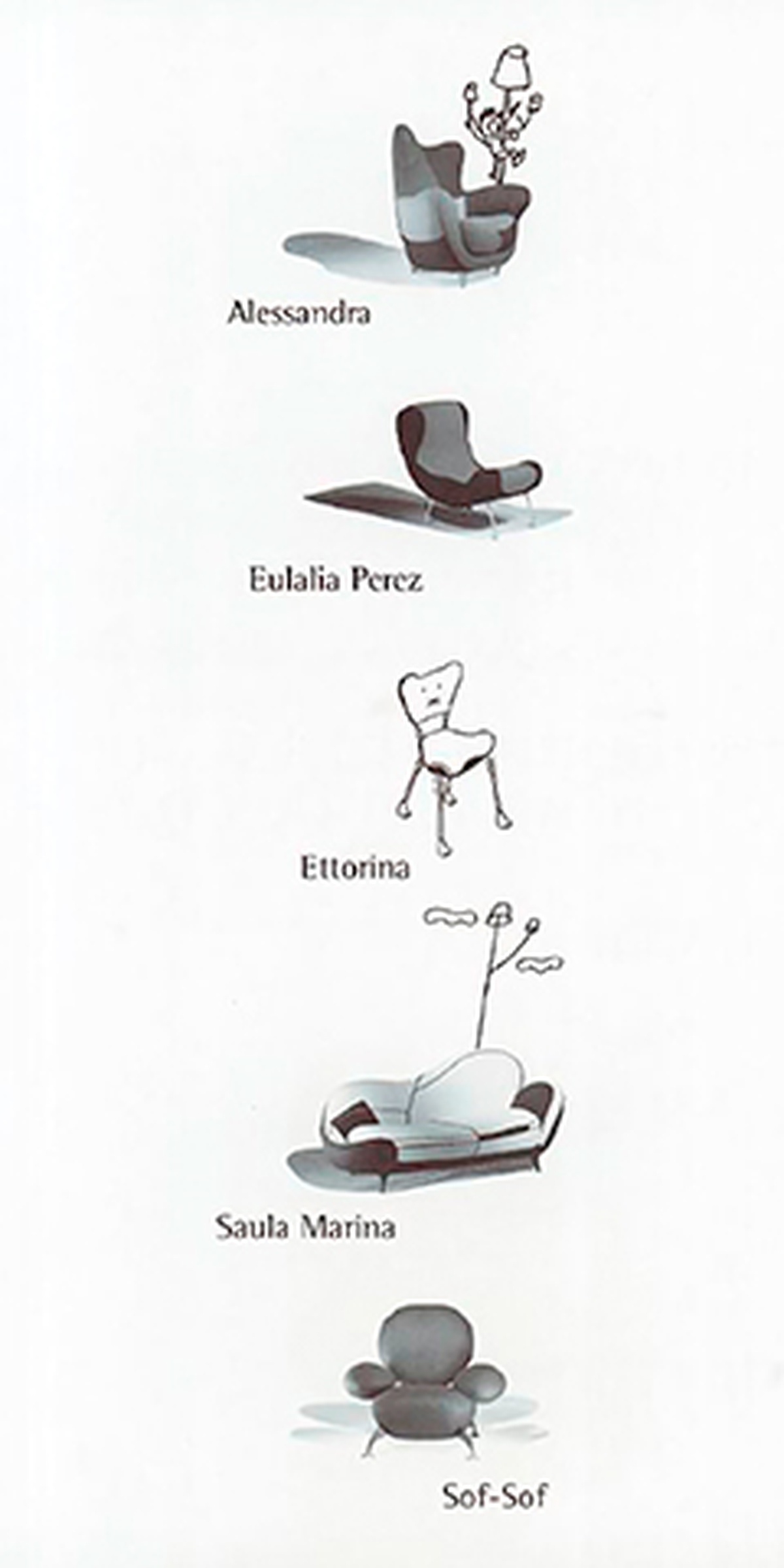 Storia Design Moroso, disegni collezione Los muebles amorosos, Ron Arad e Javier Mariscal, 1995 – in produzione